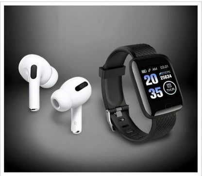 BeatTrack Duo (Combo Of Truly Earbuds Headset with Mic, & Bluetooth D116 Smart Watch with Heart Rate Monitor and Other Features)