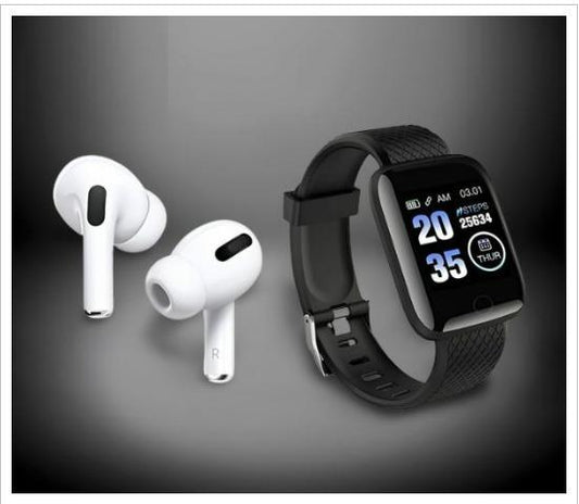 BeatTrack Duo (Combo Of Truly Earbuds Headset with Mic, & Bluetooth D116 Smart Watch with Heart Rate Monitor and Other Features)
